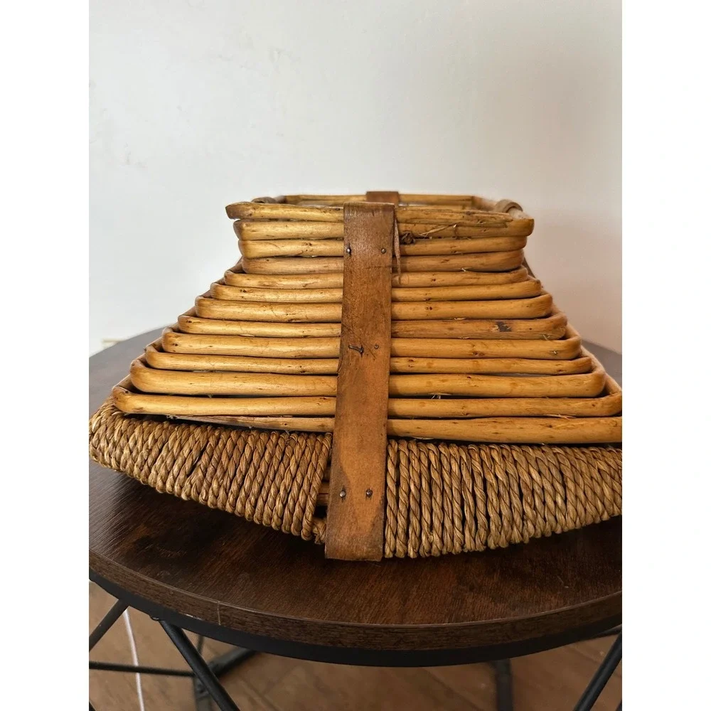 Vintage Tiered Wicker Basket Square Rattan Seagrass Rope Edge Boho Decor Bowl